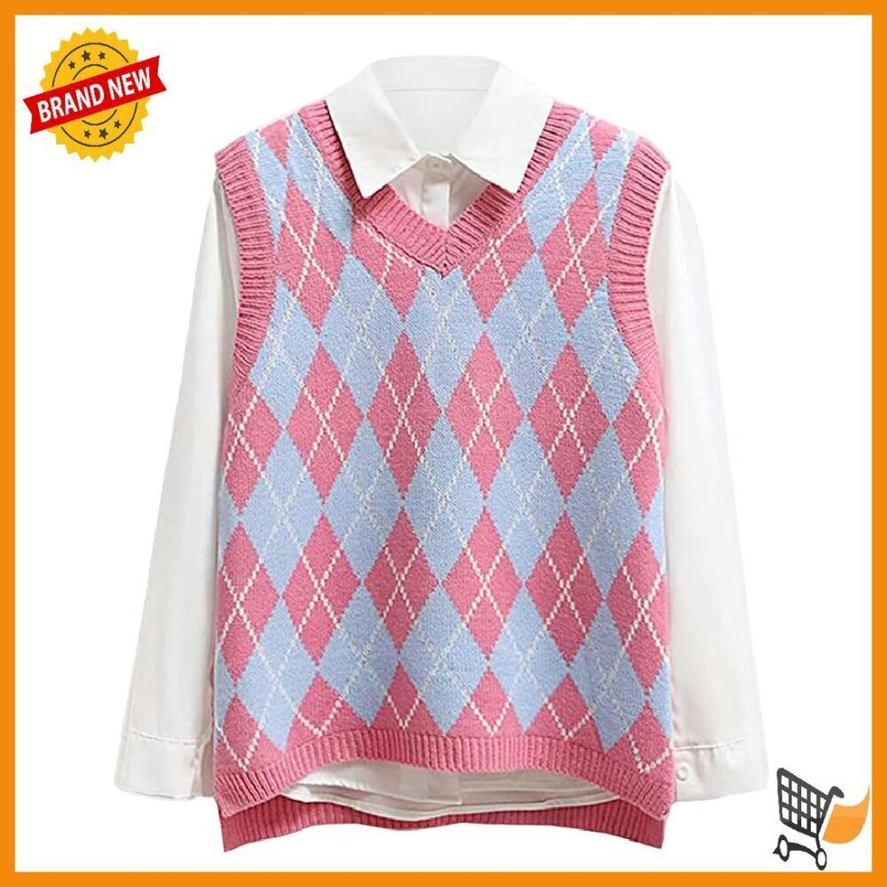 V-Neck Argyle Sweater Vest, Acrylic Knit, Preppy Style, Sleeveless Crop Top